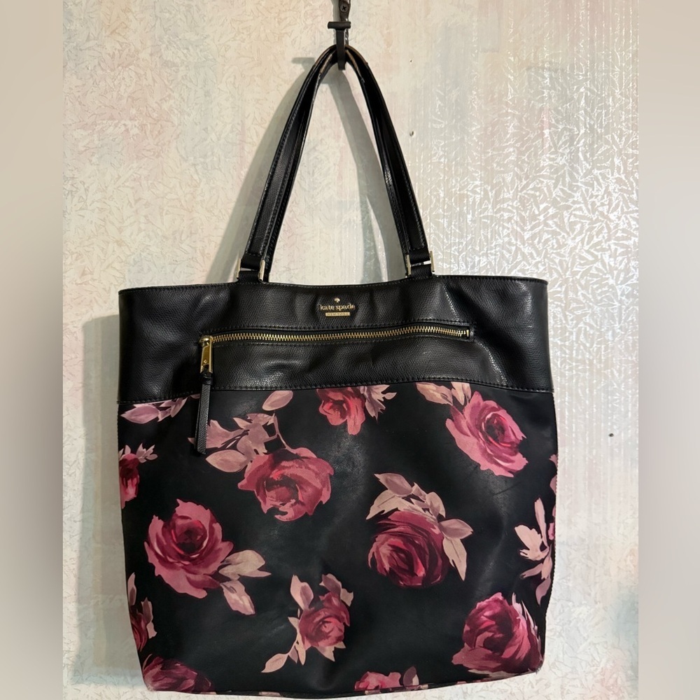 Kate Spade Black and Pink Rose Nylon And Leather Floral Tote. Previously Loved